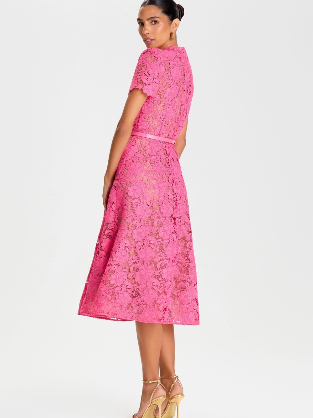 NADINE MERABI Hot Pink Lace Midi Dress